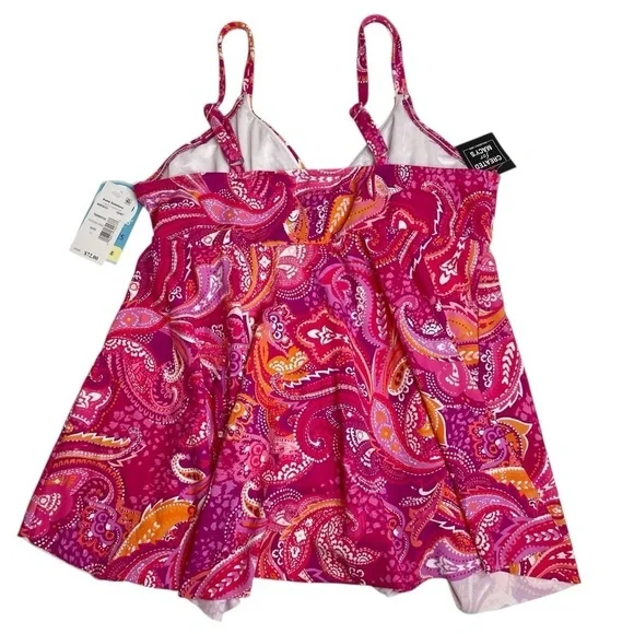 Swim Solutions Fuchsia Pink V-Neck Printed Underwire Tankini Swim Top 12 New - Picture 7 of 7